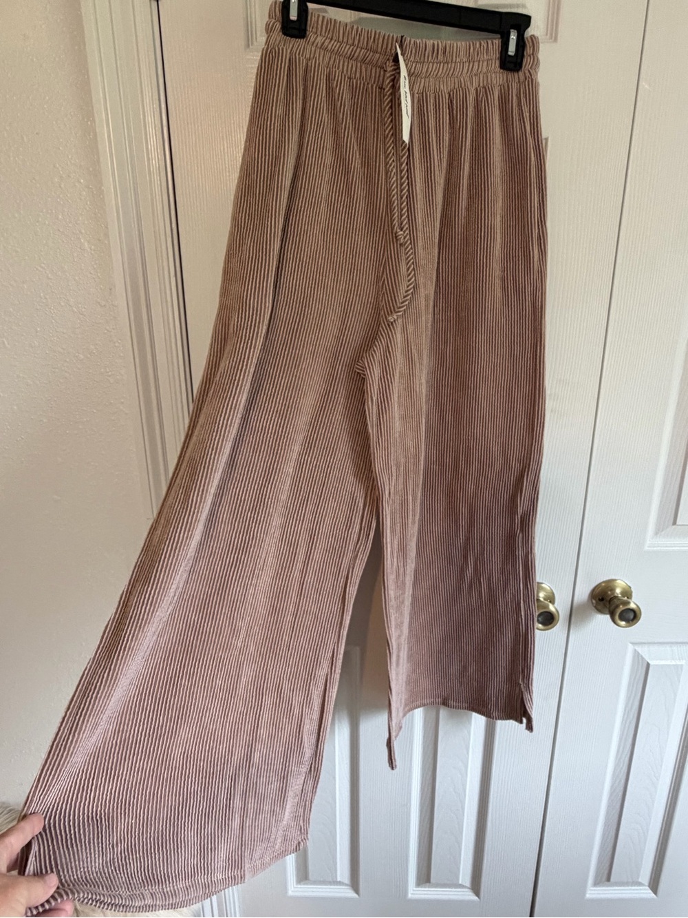 Three Bird Nest Textured Gauze Peplum Lounge Set Wide Leg Pants Neutral Boho M - Picture 5 of 11